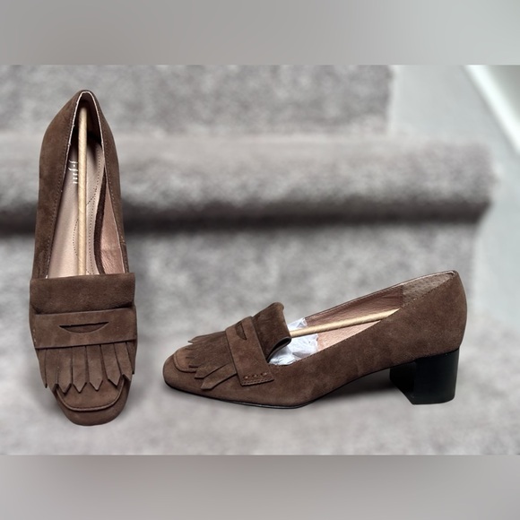 JJill Juliette Brown Suede Heeled Loafers Kiltie Fringe Square Toe Dark Academia - Picture 1 of 9